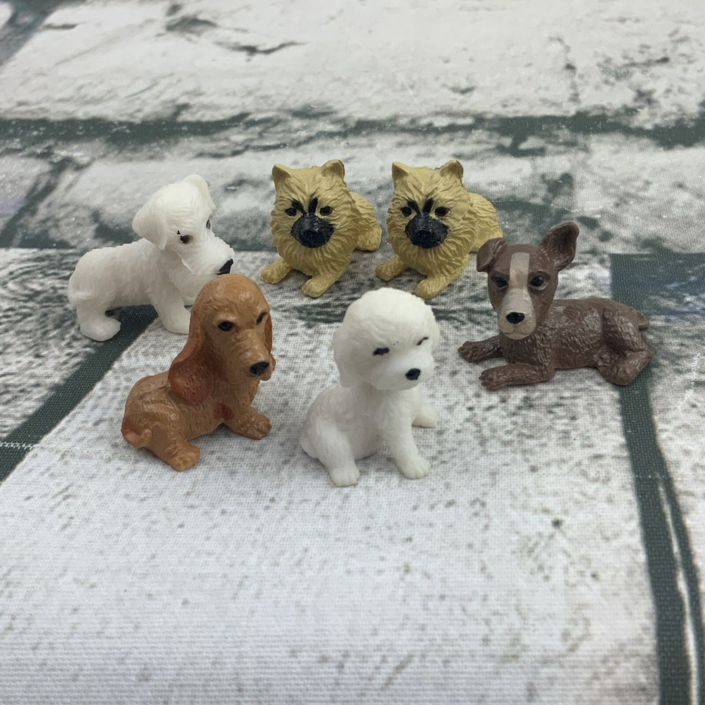 Dog Figures Tiny Mini‎ Lot of 6 Small Rubber Puppies White Brown Gray Diorama